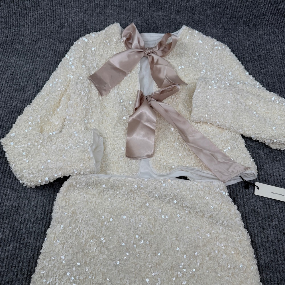Commense Sequin Skirt Set Women Small White Bow Back Crop Jacket Mini Skirt Glam - Picture 3 of 16